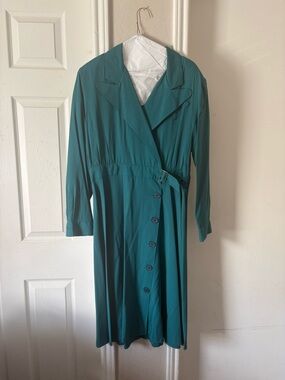 Vintage Teal Midi Wrap-Style Dress with Belted Waist